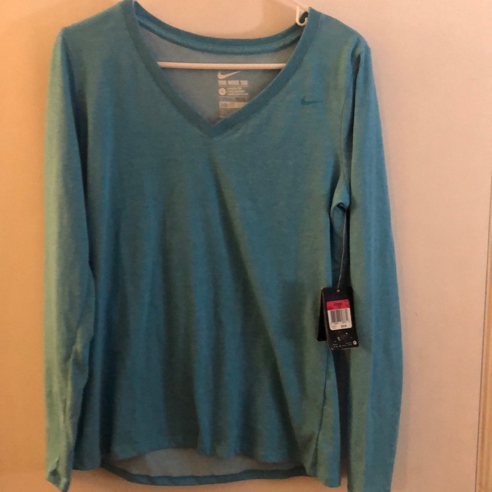 Womens Nike Dri-fit Long Sleeve Tee V-neck Blue Size L Athletic Cut